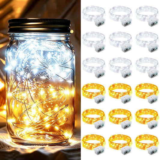 chzk 24 Pack Fairy Lights 7Ft 20 LED Twinkle String Lights 3 Modes Battery Operated Waterproof Firefly Starry for Mason Jar Party Wedding Christmas Valentines Day Table Centerpieces,Warm White + White