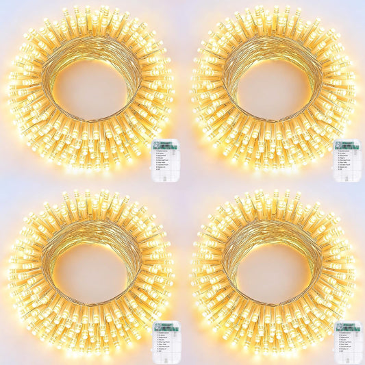 Pooqla 4 Pack String Lights Battery Operated, Total 66.6ft 200 LED Fairy Lights Indoor Outdoor Decorations, 8 Modes Warm White Battery Christmas Lights for Bedroom Classroom Porch Party Yard Decor