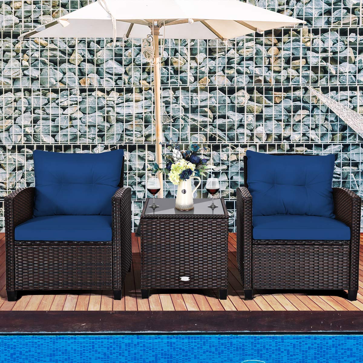 Tangkula 3 Pieces Patio Furniture Set, PE Rattan Wicker 3 Pcs Outdoor Sofa Set w/Washable Cushion and Tempered Glass Tabletop, Conversation Furniture for Garden Poolside Balcony (Blue)