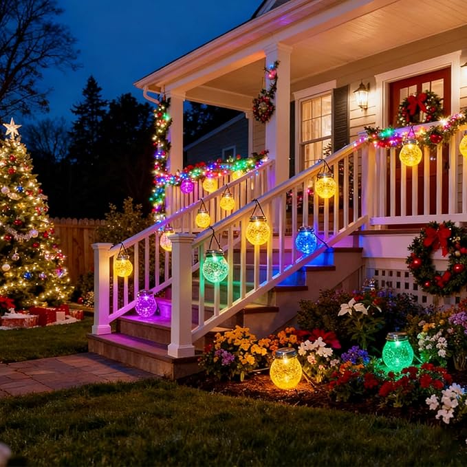 DBF Solar Lanterns Outdoor Waterproof, 4 Pack Hanging Solar Lights Outdoor Garden Decor, Amber Warm & RGB LED Globe Cracked Glass Ball Lantern for Yard Tree Fence Patio Porch Events Deck Pathway