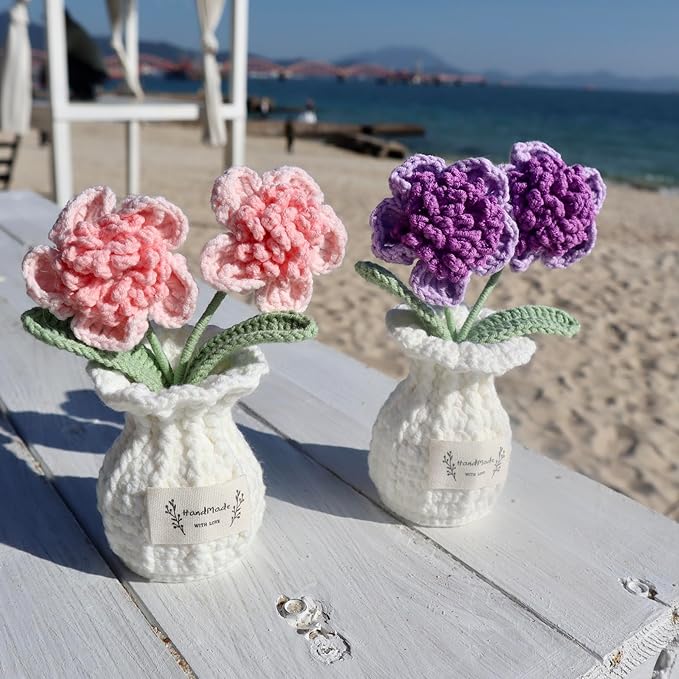 YOOJEE Crochet Paris Polyphylla Flower Pot Handmade Knitted Desk Decor Pink Potted Plant for Home Office