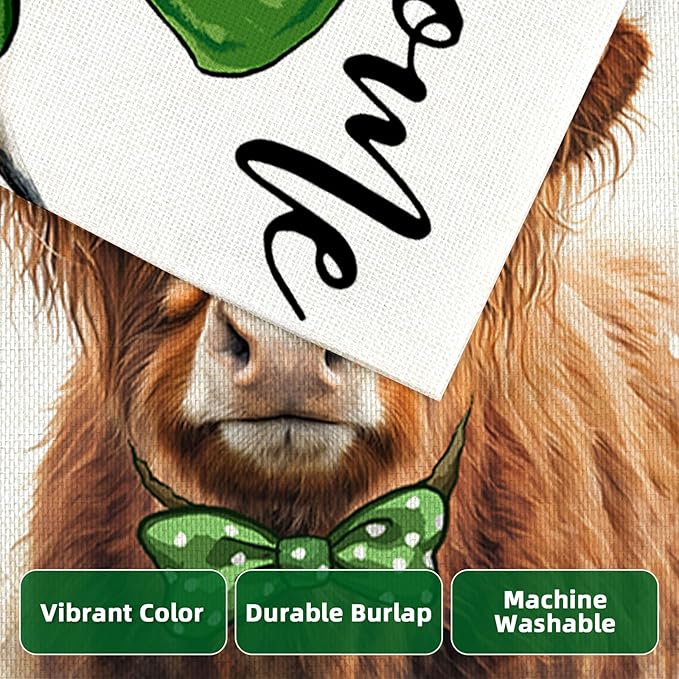 Welcome St Patricks Day House Flags for Outdoor Decoration, Highland Cow with Green Hat Lucky Shamrocks Large Yard Flag, Decorative Irish Celebration Decor for Seasonal Farmhouse Holiday