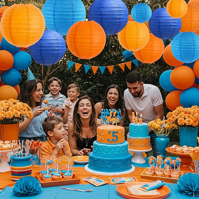 BEISHIDA 12Pcs Blue Orange Paper Lanterns Decorative Hanging Round Paper Lanterns Lamp for Birthday, Wedding,Bridal,Home Decor,Outdoor Decoration,Party Decoration
