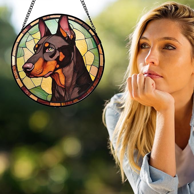 Stained Glass Window Hanging - Funny Dark Brown Doberman Pinscher Suncatcher for Door Terrace Garden Home Decor, Pet Dog Sun Catcher Birthday Gifts for Lovers Women Men Dad Mom Nana 9.8 in