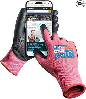 KAYGO Safety Work Gloves PU Coated for Men and Women- KG11PB,12 Pairs,Seamless Knit Glove with Two Fingers Touchscreen,Ideal for General Duty Work (Small,Pink)