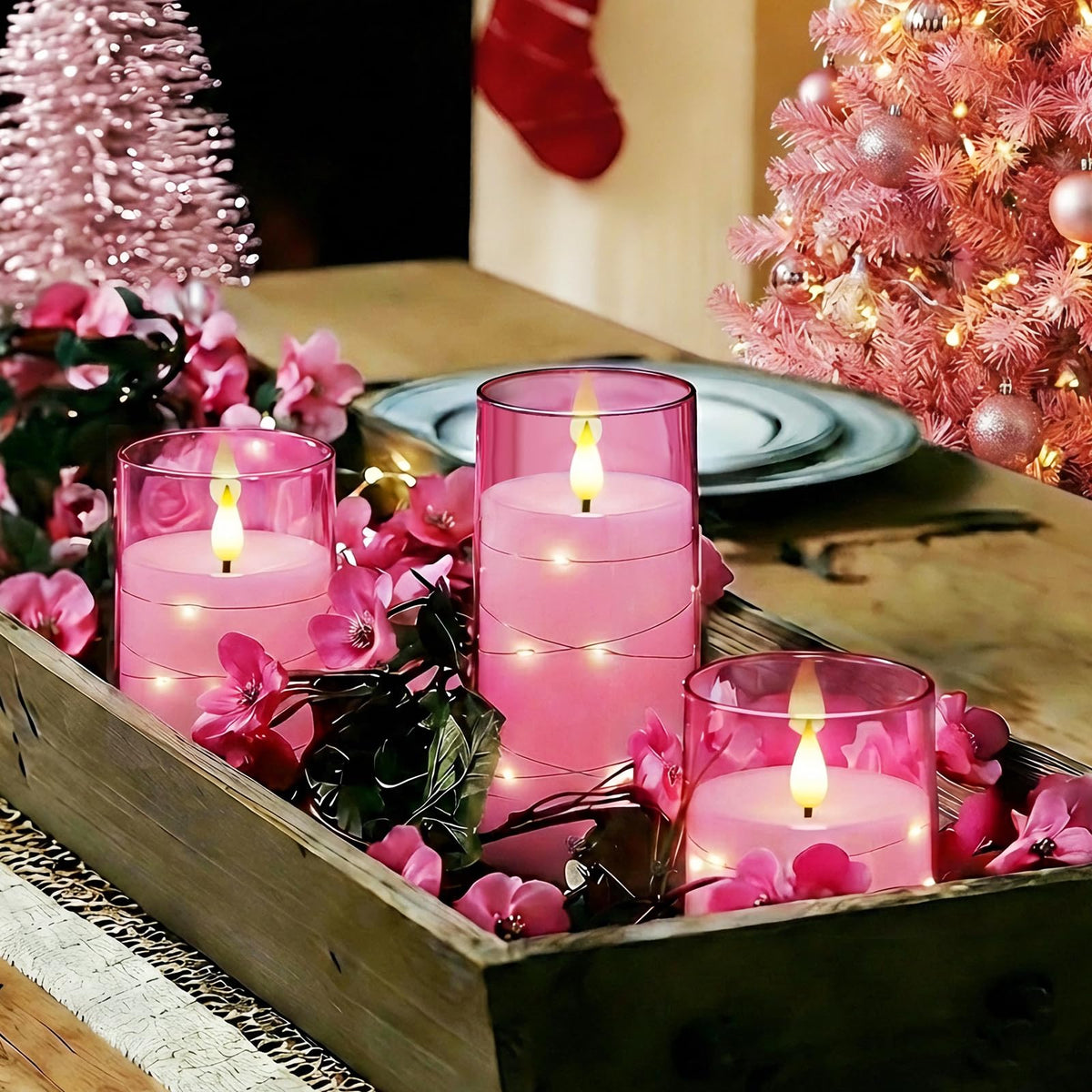 Homemory Flickering Flameless Candles, Pink LED Pillar Candles with Remote