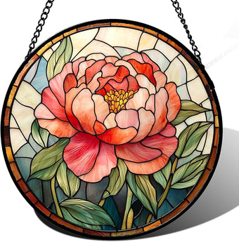 HWRHTR Stained Glass Window Hanging - Pink Peony Floral Suncatcher for Door Garden Yard Birth Flower Sun Catchers Decor Christmas Mother's Day Birthday Gifts for Women Mom Nana Wife Teacher 7.8 in