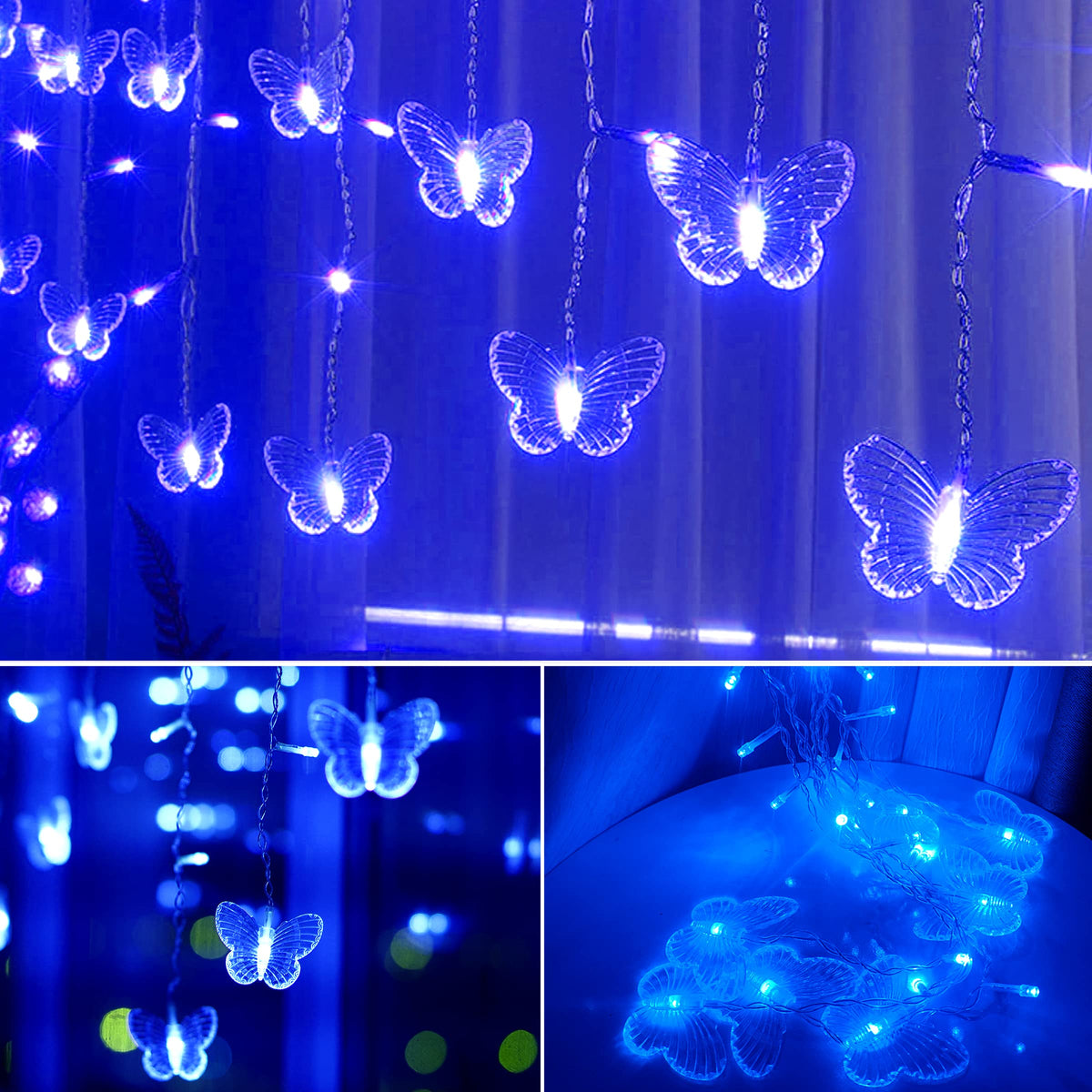 Blue Butterfly Curtain Fairy Lights USB Plug in,120 LED 8 Modes 20FT Firefly Twinkle Icicle String Lights with Remote Timer Waterproof for Bedroom Christmas Wedding Party Dorm Decor