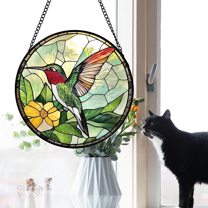 AMDERVEN Stained Glass Window Hanging, Green Hummingbird Sun Catcher for Door Home Decor, Birds Suncatcher Christmas Mother's Day Birthday Gifts for Bird Lovers Women Men Mom and Nana 15 in