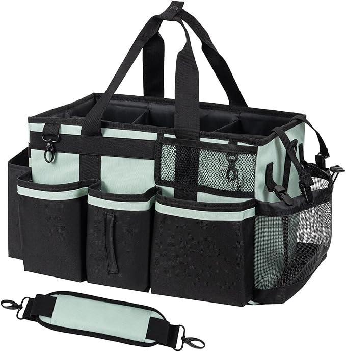 Wearable Cleaning Caddy, Cleaning Caddy Supplies Organizer with Handle & Shoulder Straps for Housekeepers, Under Sink & Car Cleaning Tool Organizers Bag with 4 Foldable Divider (Celadon)