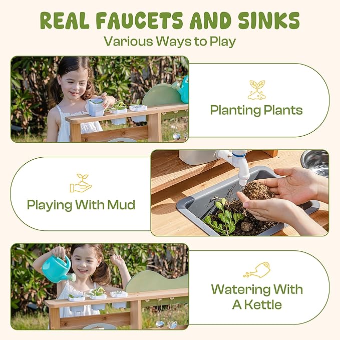 ROBOTIME Mud Kitchen, Outdoor Play Kitchen for Kids – Wooden Mud Kitchen Pretend Playset with Removable Sink & Chalkboard, Cooking Accessories, Gift for Boys Girls Ages 3+