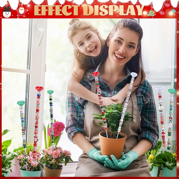 DIY Fairy Wand Garden Beads Stakes Wands Kit,Multiple Color Scheme European Beads Crystal Diamond Tops and 12 or 10 Inch Threaded Rods,Stainless Steel Stakes with Diamond Toppe(red+green+white)