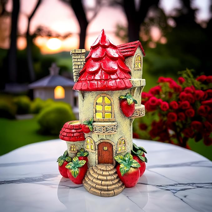 OrnamentallyYou Spring & Summer-Themed Garden Statues – Adorable Outdoor Decor for Lawn, Patio & Porch (Solar Powered Strawberry Fairy Home Garden Statue, 10" Unique Spring Decoration)