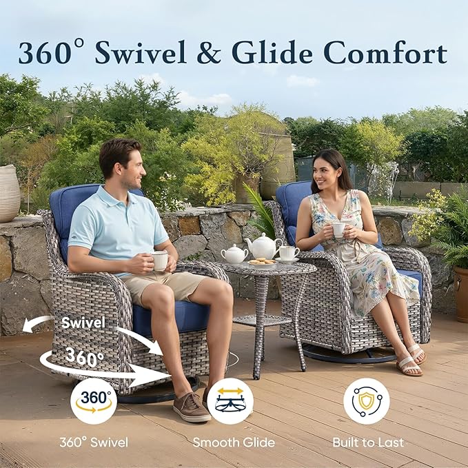 Belord Luxury 6" Thick Cushioned Outdoor Swivel Rocker Patio Chairs Set of 4 with Side Table, High Back Wicker Furniture Set with Ergonomic Zone Back, Conversation Set for Deck Porch - Brown+Grey