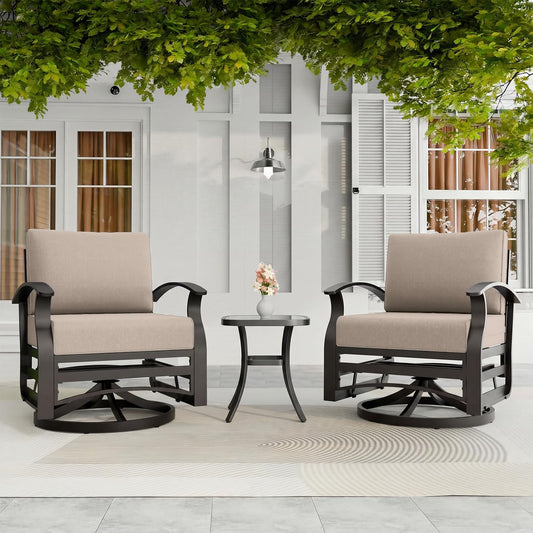 RTDTD 3 Piece Aluminum Swivel Rocking Chair Set, Outdoor Patio Swivel Gliders Chair with Glass Top Coffee Table, Conversation Furniture Set Suitable for Patio, Lawn, Outdoor, Back Garden(Brown)