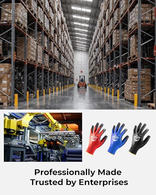 OKIAAS Work Gloves for Men, Ultra Thin and Lightweight with Grip, 12 Pairs Bulk Pack Construction Gloves with Polyurethane Coating, Safety Gloves for Light Duty Work (Green, Medium)