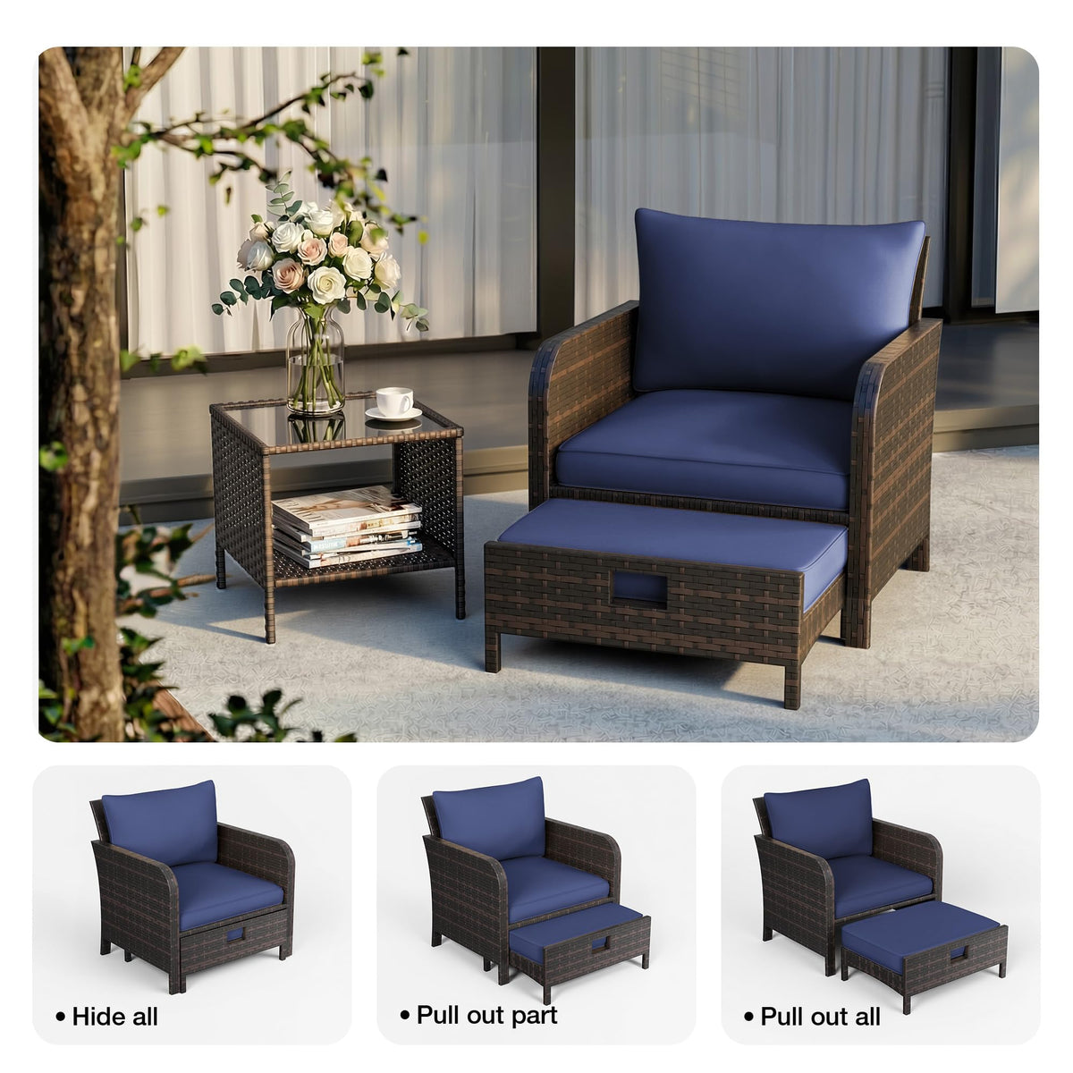 LEVELEVE Patio Conversation Set 5 Piece, Balcony Furniture Outdoor PE Rattan Wicker Lounge Chairs with Soft Cushions, 2 Ottomans & Glass Table for Porch Lawn, Brown (Blue Cushions
