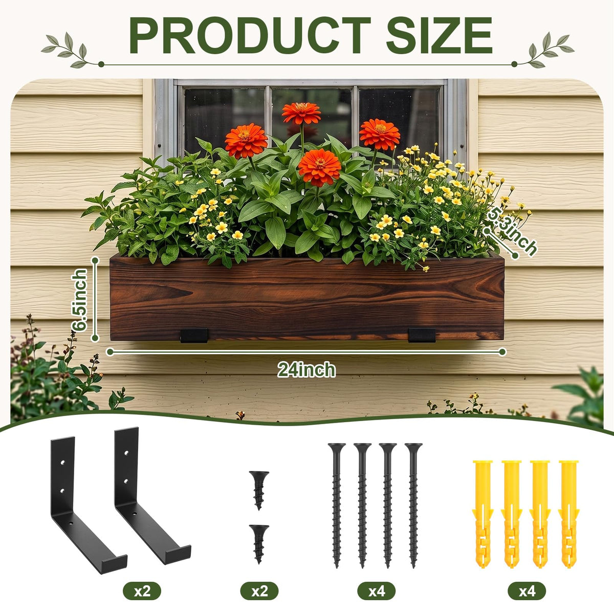 Novabright 24 Inch Wood Window Planter Box with L-Bracket,Wood Color