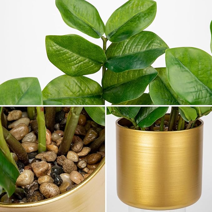 Briful Faux Plants Indoor Artificial ZZ Plant with Gold Pot 11.8in Realistic Fake Silk Plants for Home Office Bathroom Kitchen Dining Table Centerpiece Decoration