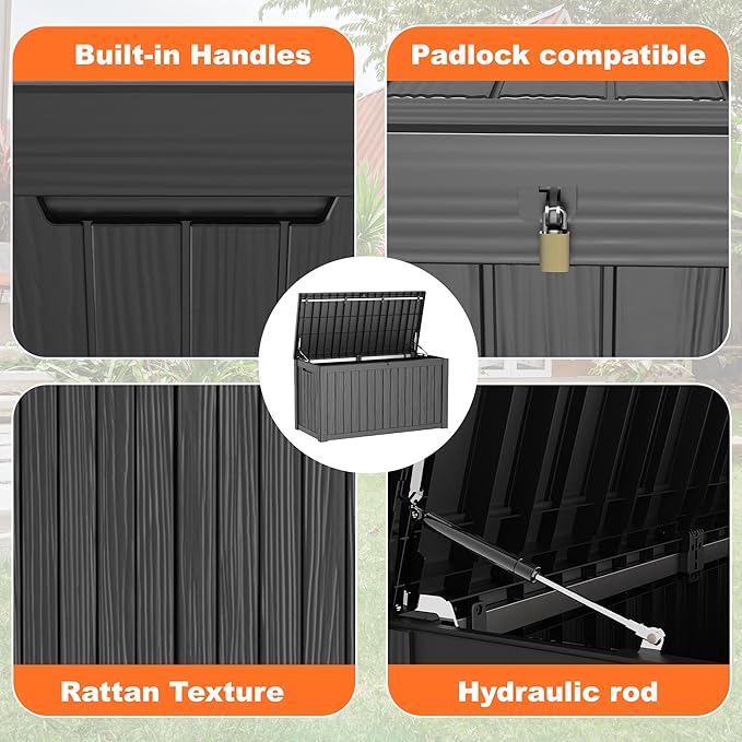150 Gallon Resin Deck Box, Lockable Patio Outdoor Storage Box for Furniture, Garden Tools and Tools Storage, Waterproof Outside Storage Boxes - Black