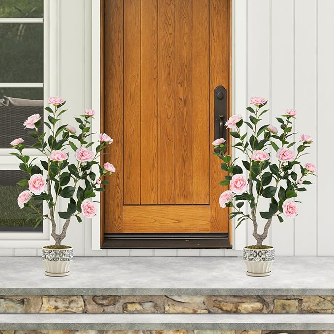 Goplus 36’’ Artificial Camellia Tree, 2 Pack Flower Plants Artificial Tree, Faux Floral Plant Blooming Tree in Nursery Pot, Greenery Potted Plant for Indoor Office Home Porch Decor, Pink