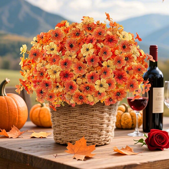 16 Bundles Artificial Fall Flowers for Outdoors, Realistic Fake Silk Flowers with Eucalyptus, No Fade Faux Fall Plants for Planter, Patio, Front Porch & Garden Decor