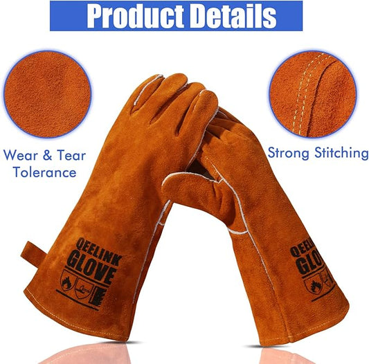 QeeLink Welding Gloves - Heat Resistant Leather and Fireproof Stitching for Fireplace Fire Pit Wood Stove BBQ Gardening Gear