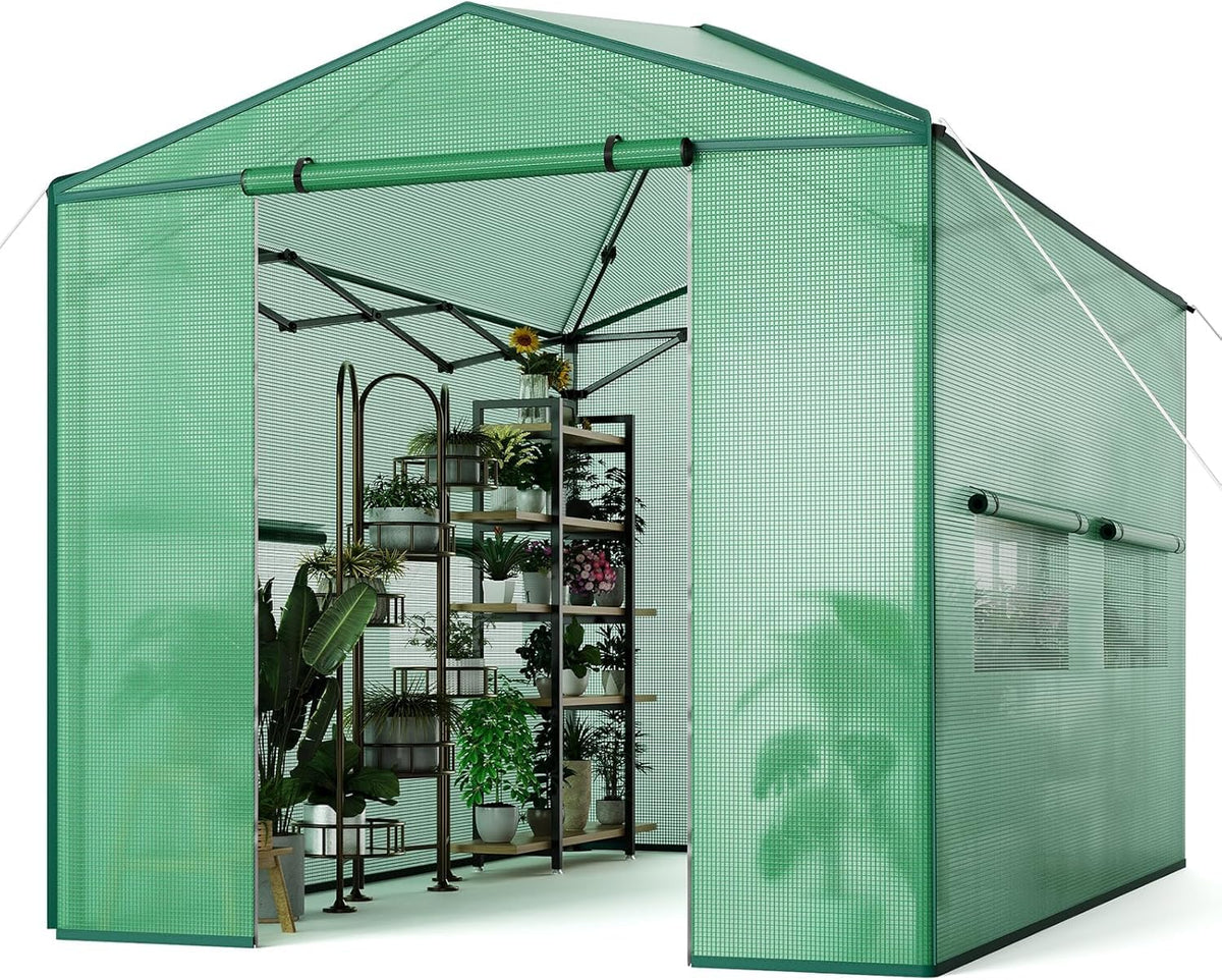 8x12FT Instant Pop-Up Walk-in Greenhouse, Plant Hot House with Galvanized Steel Frame, Green PE Cover, Roll-Up Zipper Door, Portable Large Plant Tent with Ground Pegs & Ropes for Stability