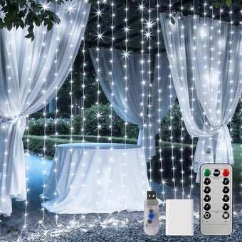 Brightown Curtain String Lights, Hanging Fairy Lights with Remote, 8 Modes, Waterproof Window Lights for Bedroom Backdrop Wedding Outdoor Christmas Party, White, 300LEDs