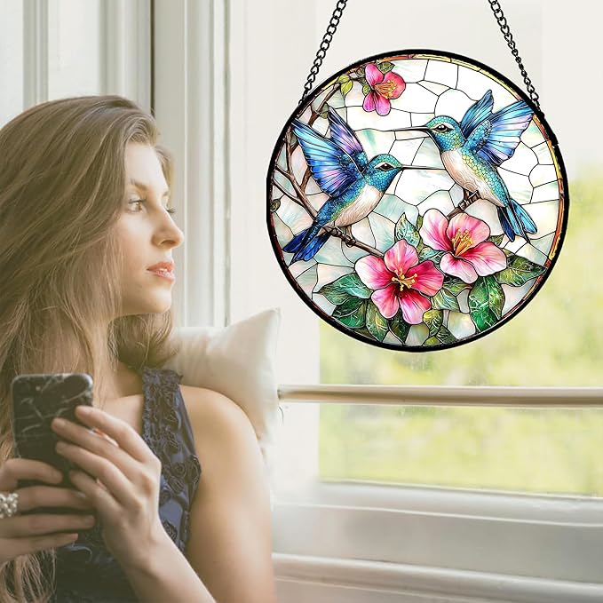 Stained Glass Window Hanging - Blue White Hummingbirds Pink Flowers Suncatcher for Door Terrace Garden Home Decor Bird Sun Catcher Birthday Gifts for Lovers Women Men Dad Mom Nana 9.8 in