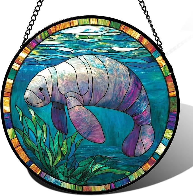 Stained Glass Window Hanging Blue Ocean Seaweed Manatee Large 11.8" - Suncatcher Door Garden Sunroom Sun Catcher Home Decor Birthday Christmas for Mom Men Woman Nana
