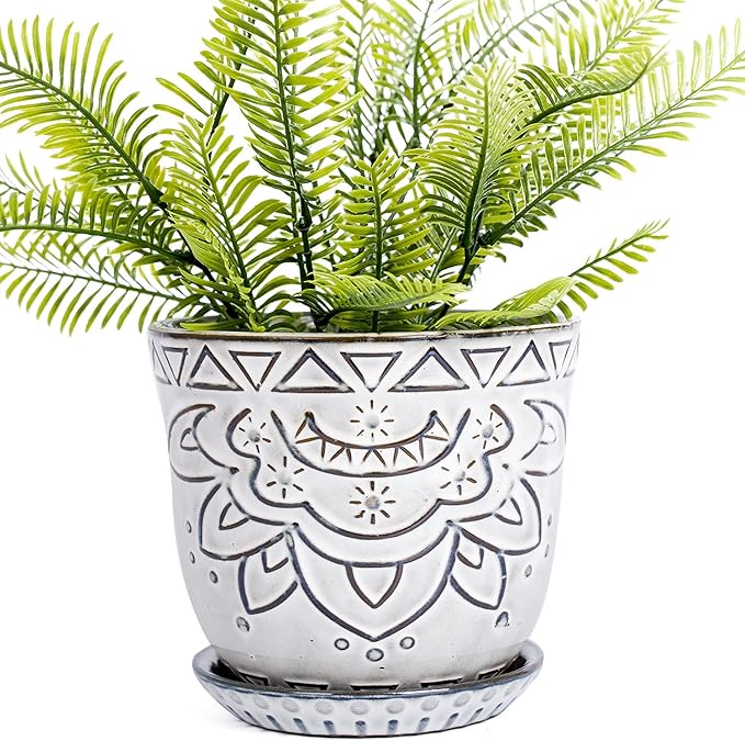 VanEnjoy 5.9 inch Round Bohemian Style Ceramic Planter, Geometry Engrave Off White Brown Succulent Planter Flower Pot, Indoor Outdoor Decorative Planter
