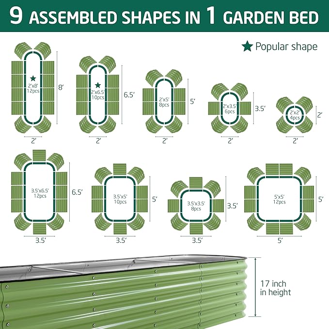 VASGOR 17" Tall Metal Raised Garden Bed, 9-in-1 Modular Design, 8ft x 2ft Aluzinc Planter Box for Vegetables, Herbs & Flowers, Heavy-Duty Anti-Rust Open-Bottom Raised Beds for Gardening (Olive Green)