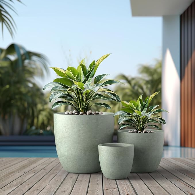 Kante 18",14",10" Dia Concrete Round Planters (Set of 3), Outdoor Indoor Large Planter Pots with Drainage Hole and Rubber Plug for Home Patio Garden, Mint Green