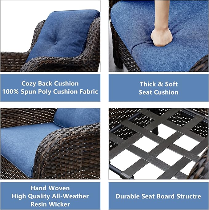 HUMMUH 3 Pieces Patio Bistro Set Wicker Patio Chairs Set of 2 with Tempered Glass Top Side Table Rattan Outdoor Furniture Conversation Set for Yard,Garden,Porch