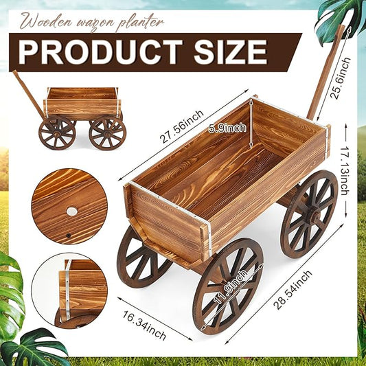 Wooden Wagon Flower Planter Cart Garden Planter Box with Wagon Wheels Cart for Home Garden Outdoor Balcony Decorative, Patio Flowers Herbs Vegetables, Brown 29.5 x 17(Elegant)