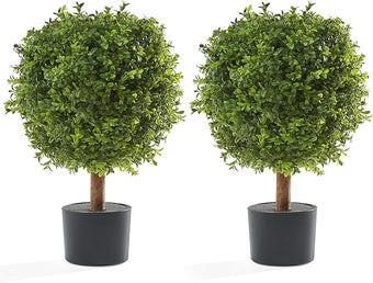 Artificial Plants Indoor Outdoor - Set of 2 Topiary Boxwood Trees – 24” High Pre-Potted Faux Trees - Plant Decor for Front Porch Home Office - Topiary Ball