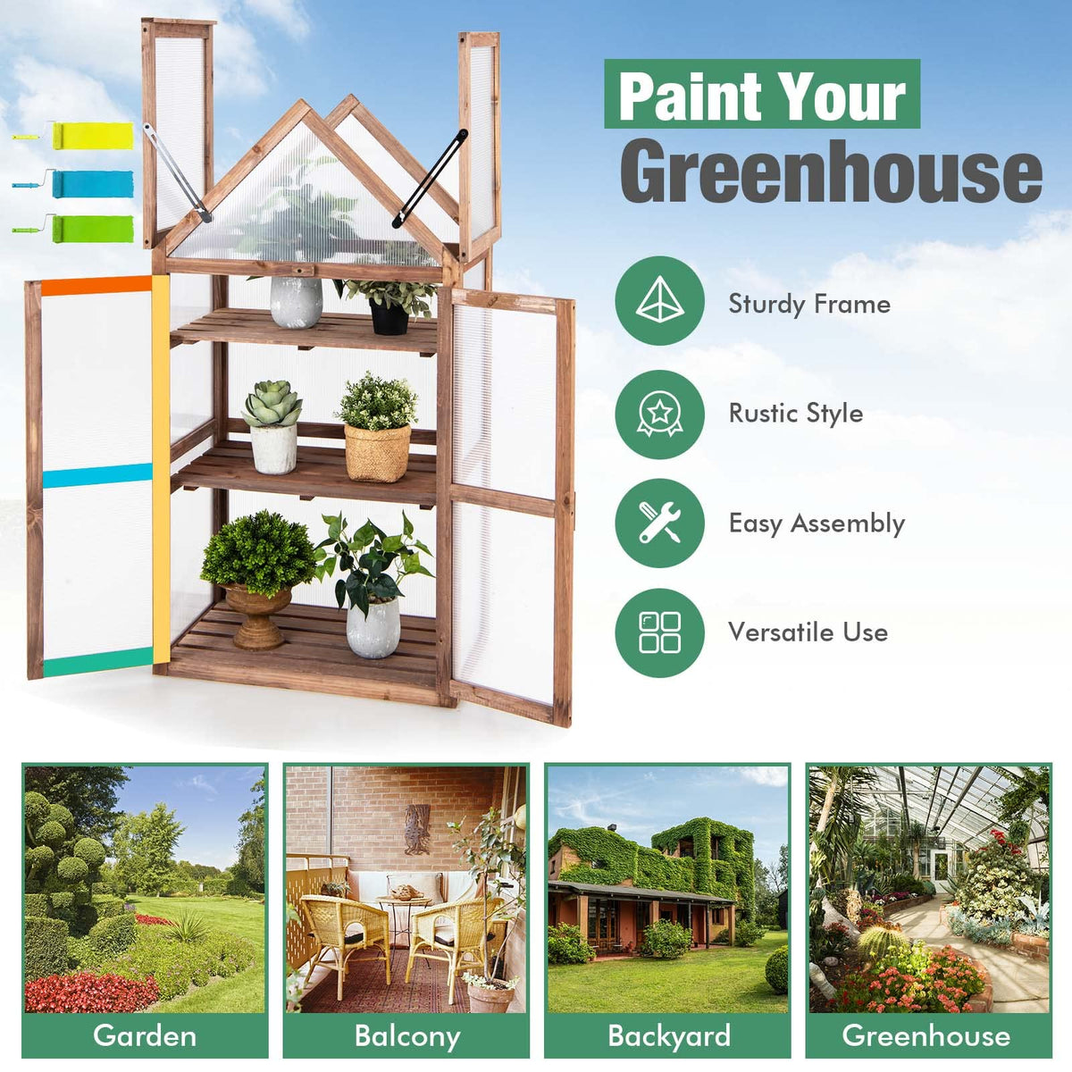 GRAFFY Wooden Cold Frame Greenhouse with 3 Removable Shelves for Outdoor