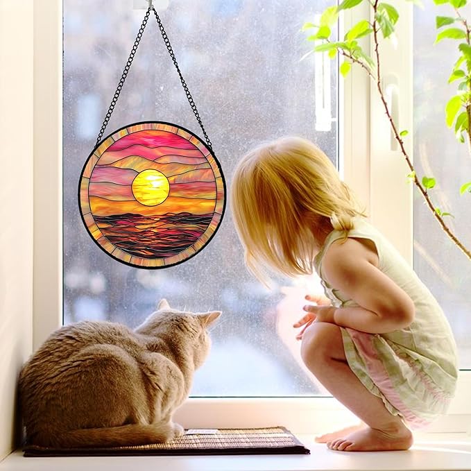 Stained Glass Window Hanging, Sunrise Sea Surface Sun Catchers Diamond Glass Panel Hangings Abstract Suncatcher Decor for Birthday for Women, Men, Wife, Aunt, and Mom 7.8 in