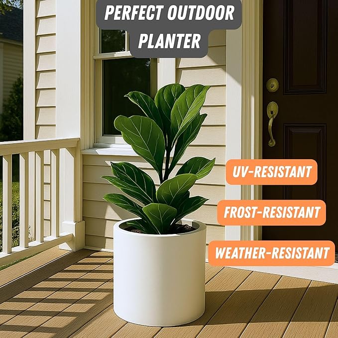 Fox & Fern Large 12 Inch Plant Pot with Hidden Saucer — Premium Lightweight Fiberstone Matte White Self Watering Planter with Seamless Saucer; Indoor & Outdoor Use; Weather Resistant & UV Resistant