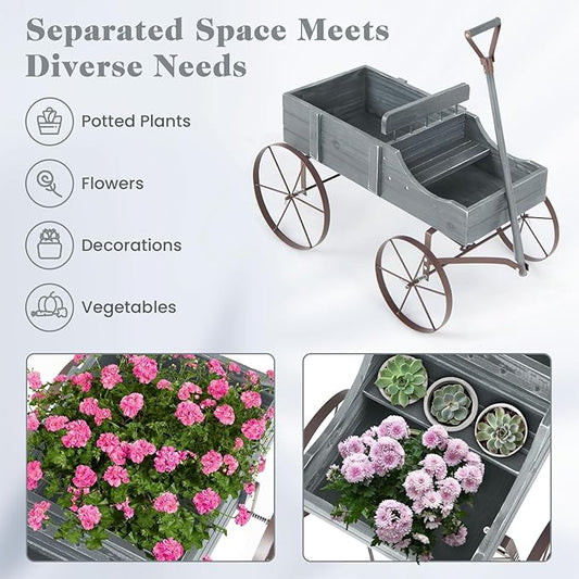 Goplus Wagon Planter, Decorative Wooden Garden Planter with Wheels, 2 Planting Sections and Adjustable Handle, Indoor Outdoor Backyard Balcony Decor (Gray)