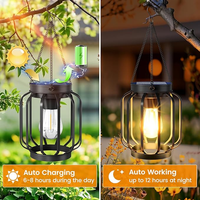 Solar Lanterns Outdoor Waterproof 4 Pack, 14.37'' Metal Hanging Solar Lights for Outside with Auto On/Off & Hook - Brighter Hanging Outdoor Lanterns Decorative Lighting for Garden Patio Yard