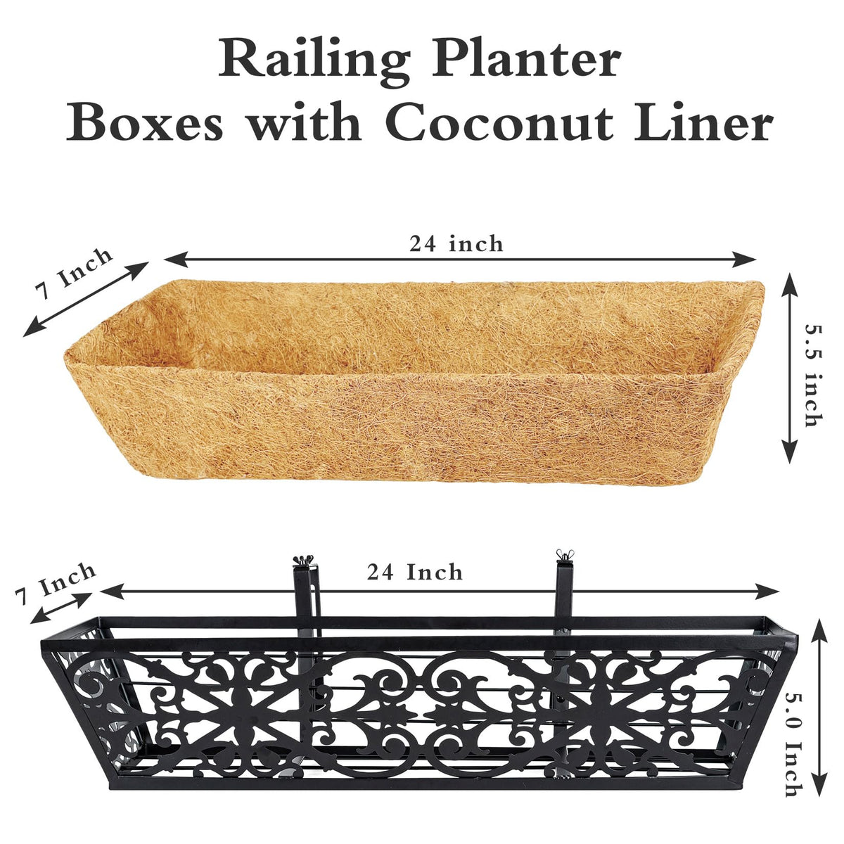 Karlliu 4 Pack 24 Inch Window Boxes Planters Railing Planter Box with Adjustable Brackets & Coco Liners Fabric Plant Grow Bags Deck Railing Planter Boxes Balcony Hanging Flower Box for Outdoor Plants