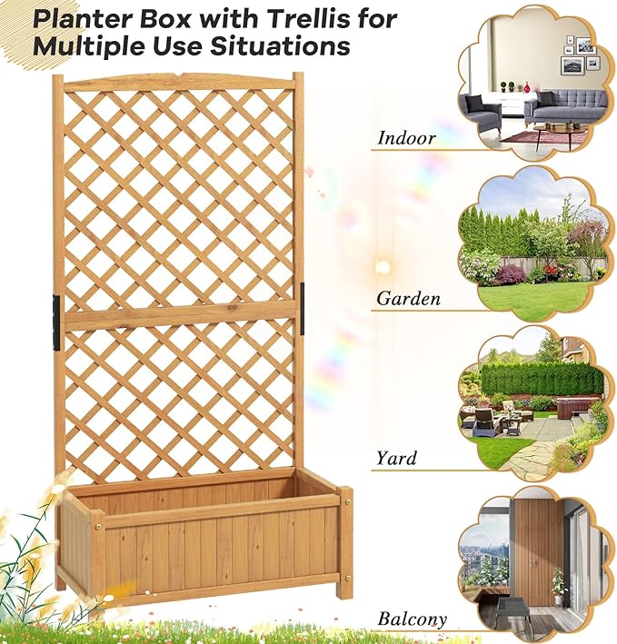 S AFSTAR Raised Garden Bed with Trellis, Indoor & Outdoor Wood Elevated Plant Container with Diamond Shaped Trellis & Drain Hole, Above Ground Garden Bed for Vine Climbing Plants