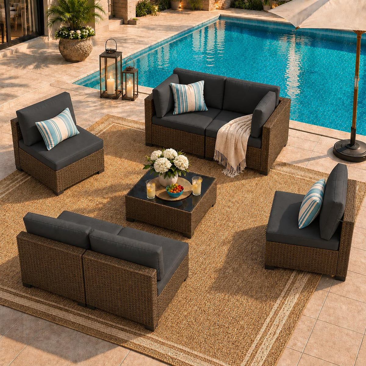 LOUVIXA 7 Piece Outdoor Patio Furniture Set, Outdoor Sectional Sofa, Wicker Rattan Patio Furniture, Patio Conversation Set with Coffee Table & Cushions