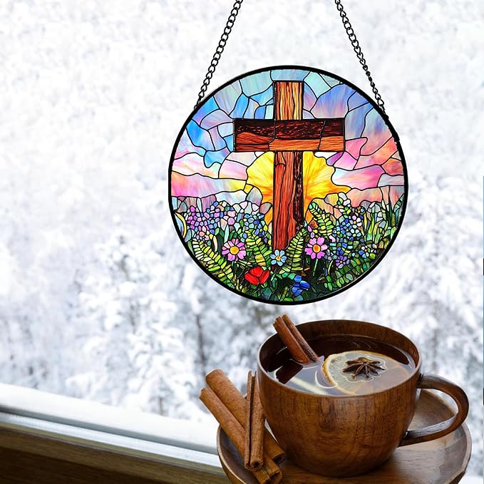 JOSUMALY Christian Gifts for Women - Cross Stained Glass Window Hanging Jesus Easter Colorful Wildflowers Sun Catcher Garden Religion Decor Mother's Day Catholic Gift for Men Grandma Mom Her 9.8"