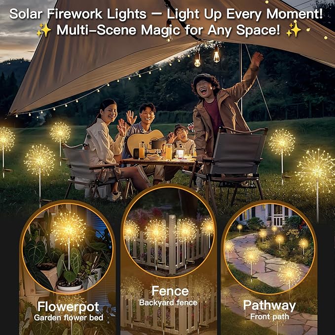 suddus Solar Garden Lights Outdoor Waterproof Decorative, 2Pack 150LED Firework Lights, Solar Fairy Lights for Yard, Garden, Party, Patio, Pathway, Flowerbed - Warm White