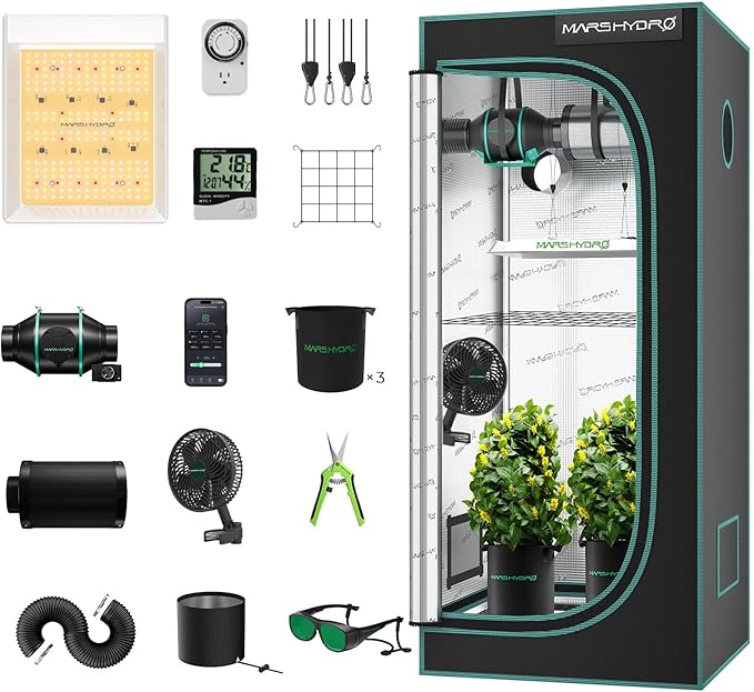 MARS HYDRO 2x2 Grow Tent Kit Complete System with 10 Speed Fan,100W TS600 LED Full Spectrum Grow Light,24"x24"x55" 1680D High Reflective Mylar Grow Tent,4 inch Smart WiFi Control Ventilation System