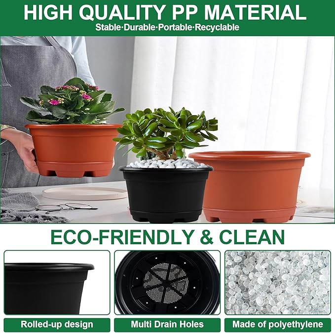 KPUVX 5 Pack 10.5 inch Plant Pots,Planter-Pots-for-Plants，Plastic Flower Pot for Indoor Outdoor Plants with Drainage Holes & Trays, Decorative Garden Containers Sets for Houseplants