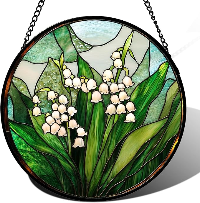JOSUMALY Stained Glass Window Hanging - White Green Lily of The Valley Suncatcher for Doors Garden Terrace Plant Sun Catchers Decor Mother's Day Birthday Flowers Gifts for Women Men Mom 7.8 in